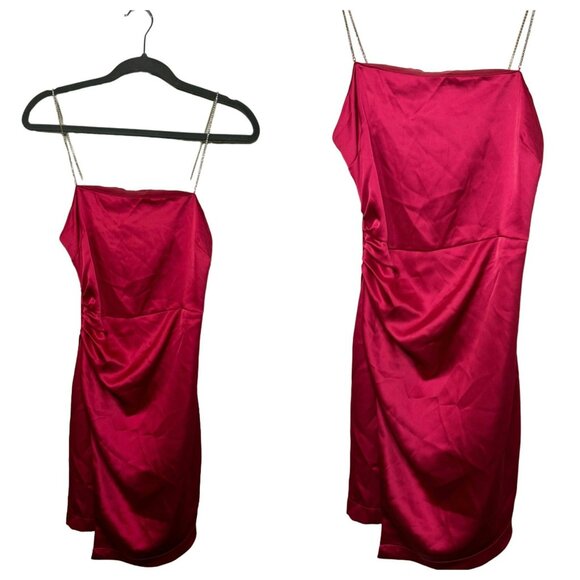 NWT Zara Effect Satin Hot Pink Mini Cocktail Dress With Jewel Straps SZ Small - Picture 1 of 10